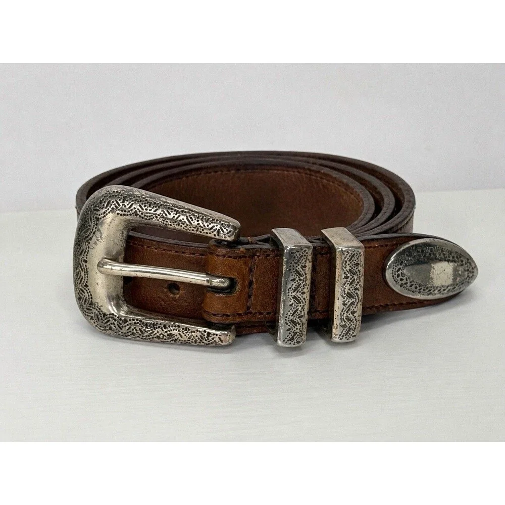Vintage Tooled Leather Western Belt Silver Engraved Buckle Brown Size 40